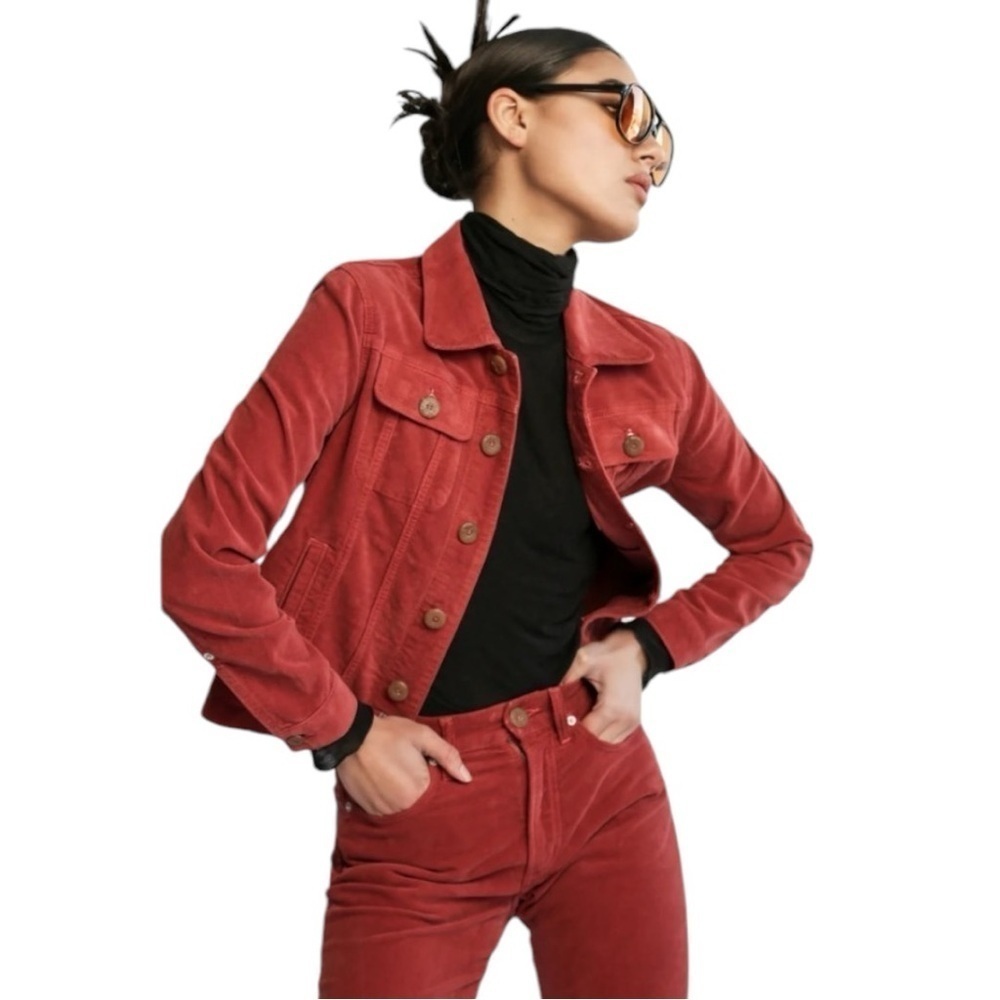 Daily Blue Denim Flacky Trucker Jacket in Ruby Rust Velveteen Corduroy Large NEW
